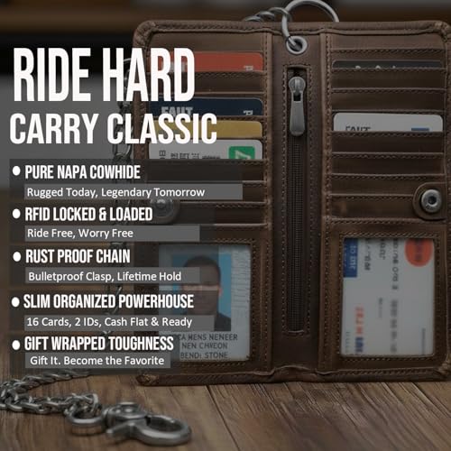 Image of CLASSIC Motorcycle Chain Wallet for Men - Premium Cowhide Leather, RFID Bi-Fold Biker Wallet with Heavy Duty ChainBikers Truckers & Hunters, Credit Card Money Organizer Long Wallet Crazy Horse Brown