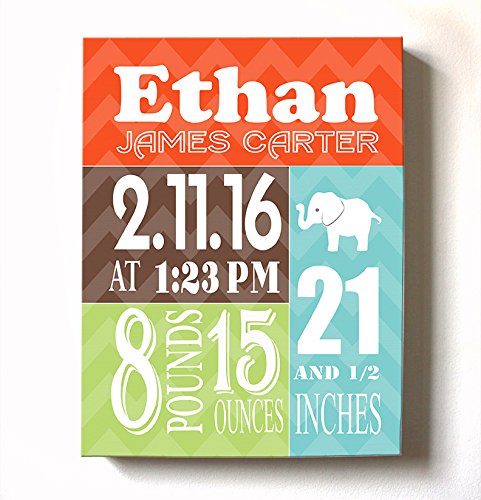 Personalized Stretched Canvas Birth Announcement Gift, Custom Baby Name, Date, Weight Stats, Newborn Elephant Nursery Wall Art Decor, Wooden Frame Construction, Ready to Hang 24X30