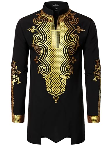 LucMatton Men's Traditional African Dashiki Long-Sleeve Slim-Fit Tunic Shirt with Metallic Foil Stamping Mandarin Collar Black Gold XX-Large
