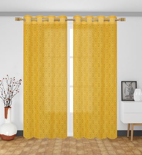 Image of Fabrilia Geometric Pattern Window Net Curtains 5 feet Long Set of 2 for Living Room /Bedroom, Yellow