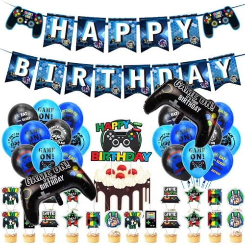 Deluisho Decoración Cumpleaños Videojuegos, Decoración Cumpleaños Niño Globos Videojuegos, Globos del Controlador Incluyen Inserciones de Pastel de Cumpleaños, Banderines de Cumpleaños, Globos y Mucho