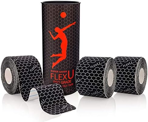 FlexU Kinesiology Tape - 60 2" x 10" Pre-Cut Strips for Lower Back, Knees, & Shoulders; Pain Relief & Support for Muscles & Joints, Shoulders, Knees & Back, Rheumatism, Gout, Osteoporosis; (Black)