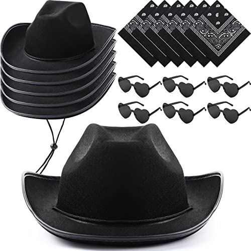 Image of Coume 6 Sets Cowboy Hat with Heart Sunglasses and Paisley Bandanas Western Cowgirl Hat for Cosplay Costume Adults(Pink,Black)