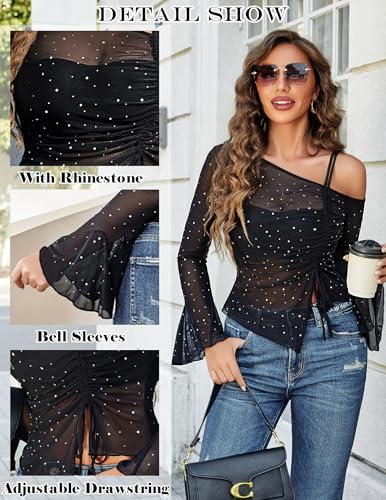 Avidlove Women Mesh Top Long Sleeve Rhinestone Tops Off Shoulder Bell Sleeve Drawstring Blouse Sheer Sparkly Shirt S-XXL3