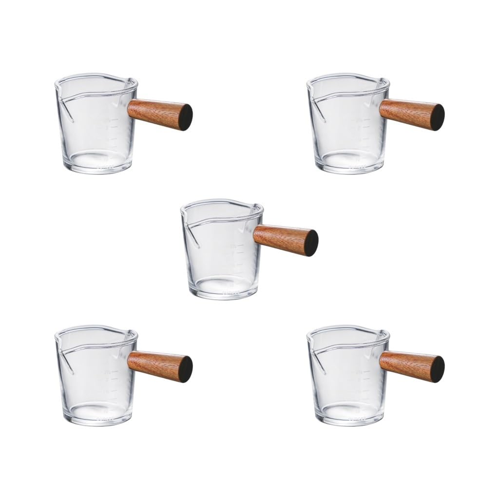 Lot de 5 tasses à mesurer transparentes à double bec avec poignée en bois pour barista Milk Bar B Style B