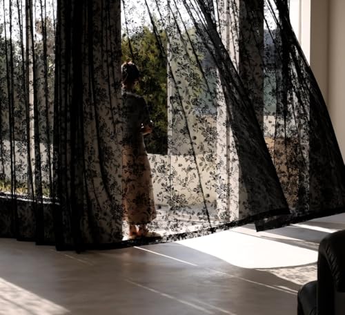 Image of Black Lace Curtains for Living-Room 84 inch Length, Fine Rose and Leaf Embroidered Light Filtering French Country Curtains for Bedroom, Vintage Delicate Floral Sheer Window Drapes 52 inch w Rod Pocket