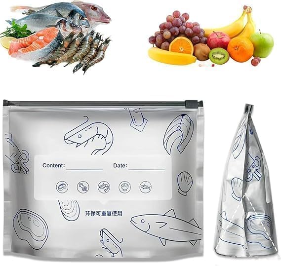 Reusable Food Storage Bags with Date and Content Labels, Freezer Safe, Triangular Stand-Up Design for Meat, Fruits, Vegetables, Dry Food