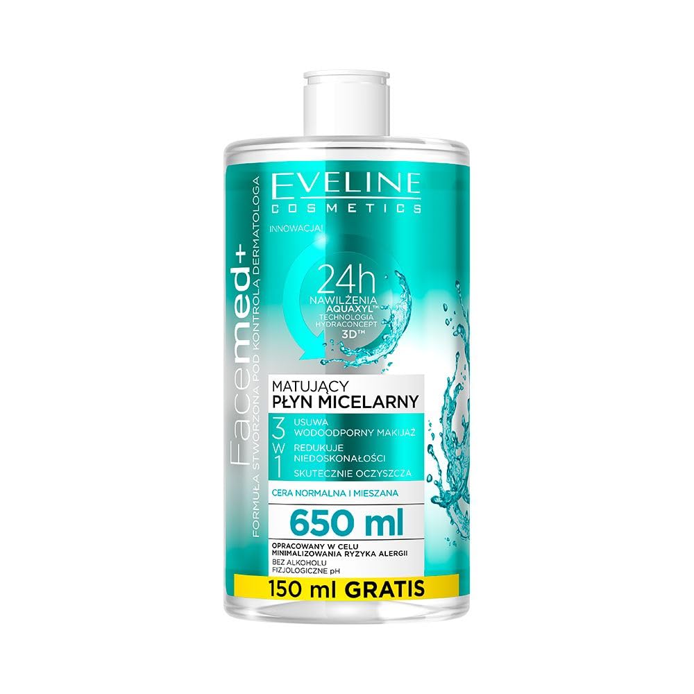 Eveline Cosmetics Facemed+ Mattifying Micellar Water 3-in-1 Cleanser - 650ml | Hydrates & Smooths | Aquaxyl, D-Panthenol & Cucumber Extract