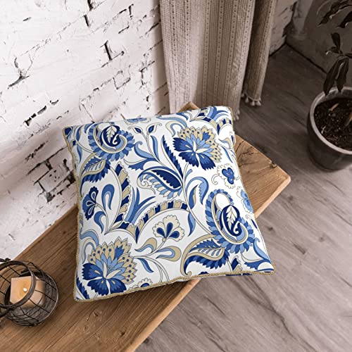 Blue Floral French Country Decorative Velvet Throw Pillow Covers Rustic Paisley Printed Pillowcase Square Pillow Case Cushion Cover Home Decor For Couch Sofa Bedroom Patio 18X18 Inch #TOP6