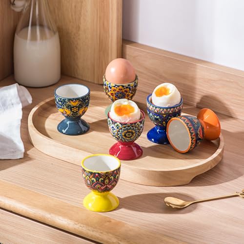 Image of Henten Home Boho Ceramic Egg Cups, Colorful Egg Holder Set of 6 | for Soft Boiled Egg, Breakfast, Serving, Easter, Dishwasher & Microwave Safe