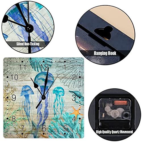 Beach Theme Ocean Teal Jellyfish Art Clock Summer Beach Wall Clock Retro Farmhouse Blue Sea Turtle Wood Clocks Silent Non Ticking Battery Operated Square Clock For Bathroom Bedroom 15Inch #TOP4