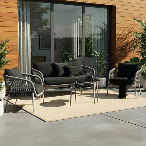 Image of Amazon Brand - Solimo Outdoor 4 Seater Sofa Set | Balcony Sofa | Patio Furniture Sets | Conversation Sets | Braid & Rope Garden 4 Seater Sofa Set with Center Table (Grey)