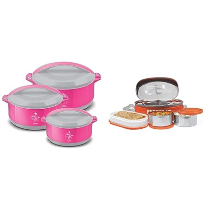 Milton Divine Jr Inner Steel Casserole Gift Set of 3, Pink & Milton Executive Lunch Box Set of 3, Orange