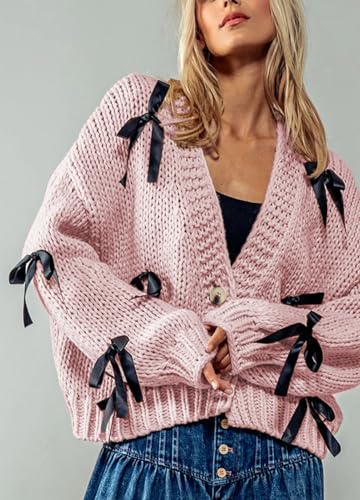 Image of Valentine's Day Cardigan Sweaters for Women Love Heart Print Button Down Cropped Cardigans Y2K Open Front Knit Sweater