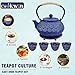 Japanese Tea Set,Cast Iron Tea Pot for Stovetop,Tea Pot with Infusers for Loose Tea,Tea Kettle with 4 Cups,Trivet&Cap Lifter,Flower Design Teapot,Coated with Enameled Interior-32 Ounce(900ml),Blue