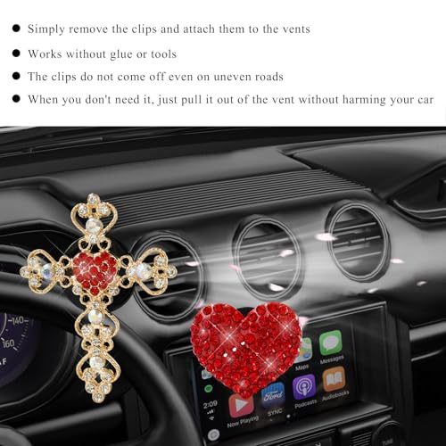 Image of 2 PCS Bling Car Vent Clip, Crystal Rhinestone Cross and Heart Car Air Fresheners Vent Clips, Diamond Car Air Conditioner Outlet Decoration Charm for Women, Car Accessories (Red)