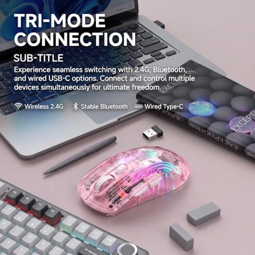Image of RGB Magnetic Charging Dock Gaming Mouse, 12K DPI, PAW3311 Sensor, Tri-Mode Wireless, 6 Programmable Buttons, Ultra-Light 72g for PC /Mac (Pink- Transparent)