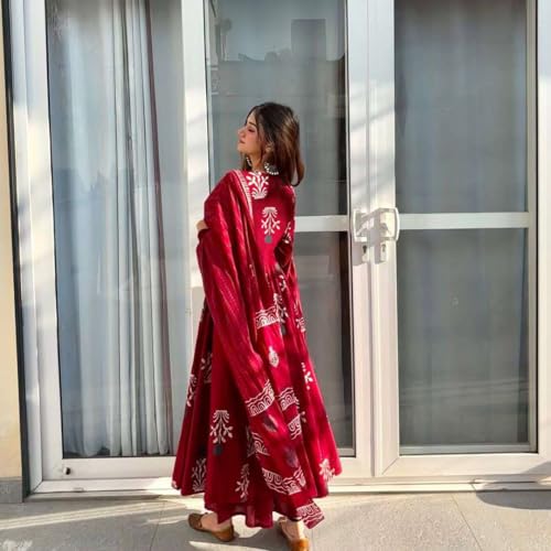 Image of ANNI Designer | Rayon Anarkali Printed Kurta Pant Dupatta Set | Stylish Cotton Kurti Set for Women | Ethnic Co-ord Suit Set with Dupatta Festive Kurta Sets for Women