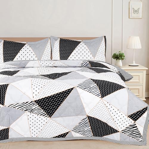 Image of Amazon Brand - Umi 100% Cotton Quilted /Ultrasonic 280 Tc Printed King Size Soft Bed Cover /Bedsheet /Bedspread Comforter with 2 Pillow Shams /Cover, (Luxurious, 90 x100 inches, White & Grey & Black)