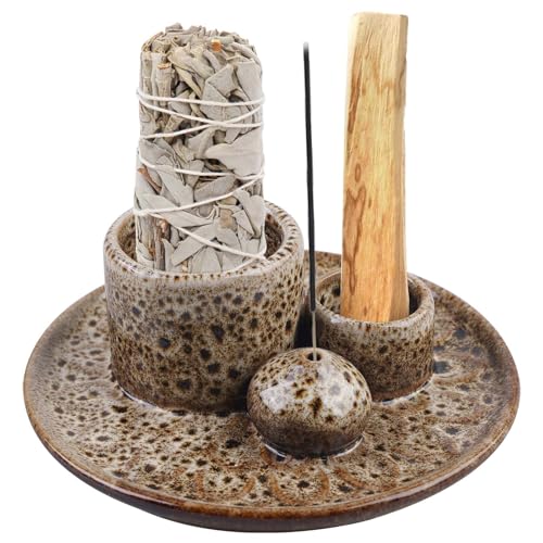 Cuenco de incienso 4 en 1, soporte multifuncional para quemador de incienso, soporte para incienso de cerámica, soporte para incienso de palo santo con placa colectora de cenizas, bandeja de cerámica
