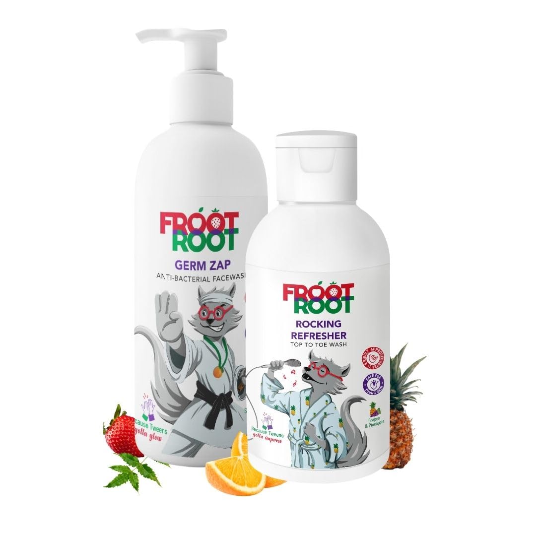 Froot Root Face Wash + Body Wash Combo (100 ml x 2) | Germ Zap Face Wash + Rocking Refresher Body Wash | Gentle Skincare for Kids and Pre Teens | Soap, Sulphate, Paraben Free |Fruit Ayurveda