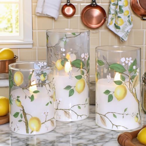 Image of Flameless LED Candles with Remote Lemon Decal Glass Flickering Battery Operated Candles for Home Room Party Wedding Holiday Christmas Valentine's Day Decor - Set of 3
