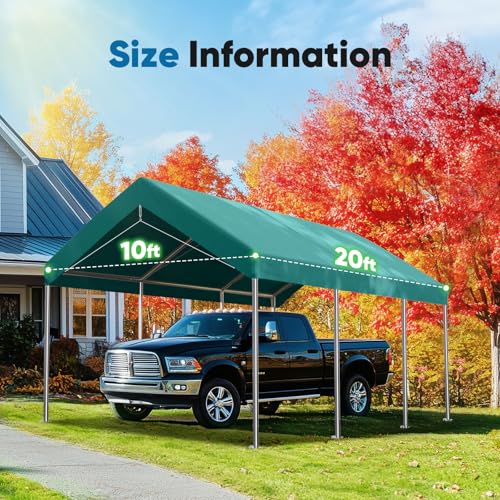 Image of ADVANCE OUTDOOR 10x20 ft Carport Replacement Top Cover, Heavy Duty Waterproof & UV Protected, Easy Installation with Ball Bungees, Green, Roof Only