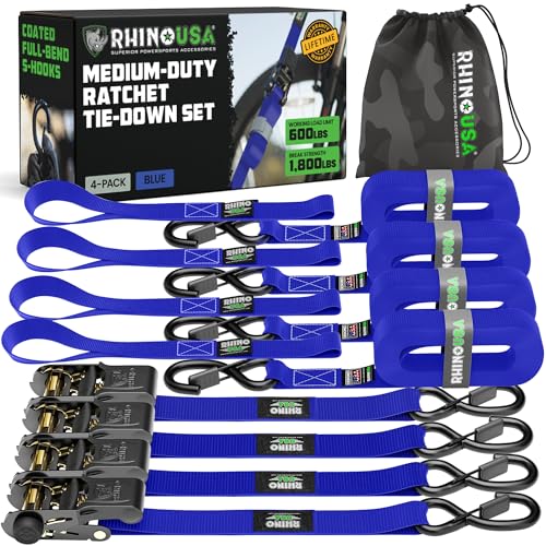 Rhino USA Ratchet Straps Tie Downs (4-Pack) - 1 Inch x 15 Feet (1,823lb Break Strength) - Ultimate Tie Down Straps with Safety S Hooks - for Trucks, Cargo, Moving, Appliances - Blue