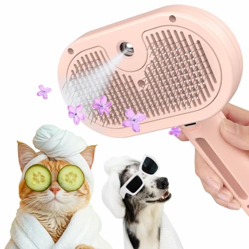 Image of Cat Steam Brush 2024 NEW- Steamy Cat Dog Brush with Release Button and Cool Mist, 3 In 1 Water Brush for Indoor Cat and Dog, Steam Pet Brush for Shedding, Pet Hair Removal Comb with Water Tank (Pink)