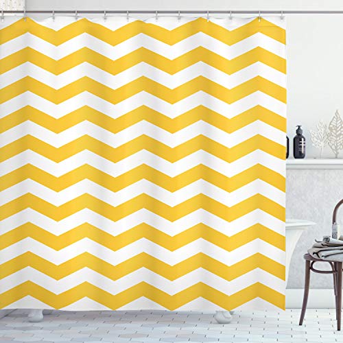 ABAKUHAUS Chevron Jaune Rideau de Douche, Art Horizontal ondulé, Tissu Ensemble de Décor de Salle de Bain avec Crochets, 175 x 200 cm, Jaune Et Blanc