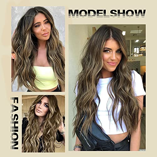 Lativ Long Wavy Wig Ombre Brown Mix Ash Blonde Wigs For Women Synthetic Hair Replacement Wigs Middle Part Natural Looking Heat Resistant Hair For Daily Party Use #TOP2