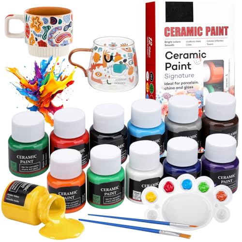 Hcunbsu Porzellanfarbe Set 12 x 25 ml Porzellanfarbe Spülmaschinenfest Keramikfarbe with 2 Pinselstift & 1 Palette Keramik Bemalen Set für Künstler Anfänger Ideal zum Tassen Keramik Glas