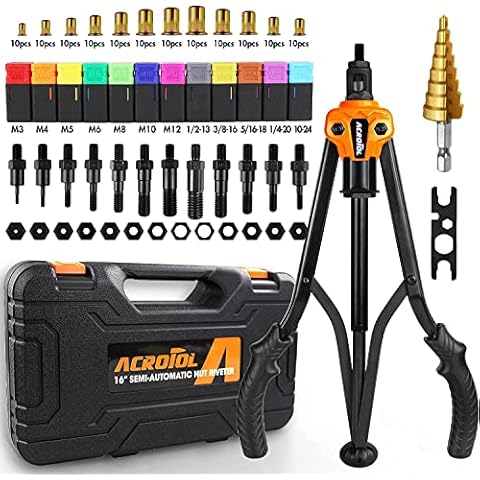 ACROTOL Rivet Nut Tool, 16" Rivnut Tool Kit with 12PCS Metric & SAE Mandrels, Auto Release Nutsert Tool with 120PCS Rivnuts Cover