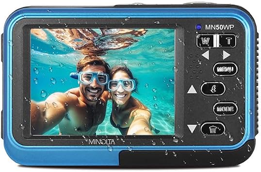 Minolta 48MP Underwater Digital Camera 5K Ultra HD Video, Autofocus, 16x Digital Zoom, Dual LCD Screens, Selfie Front Screen, Waterproof to 13ft, Rechargeable Battery, 32GB Card (Blue)