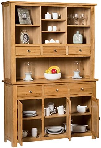 Hallowood Furniture Waverly Large Display Cabinet in Light Oak Finish  Solid Wooden Dresser Display Cabinet with 6 Drawers and Storage Cupboard for Kitchen & Living Room-Storage Unit for Dining Room