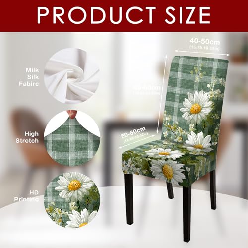 Image of Nuxovilar 6PCS Daisy Plaid Pattern Milk Silk Dining Seat Covers | Stretch Slipcover Retro Protector Floral Plaid Wrap Seat Guard Dining Room Kitchen Breakfast Nook (Daisy Plaid)