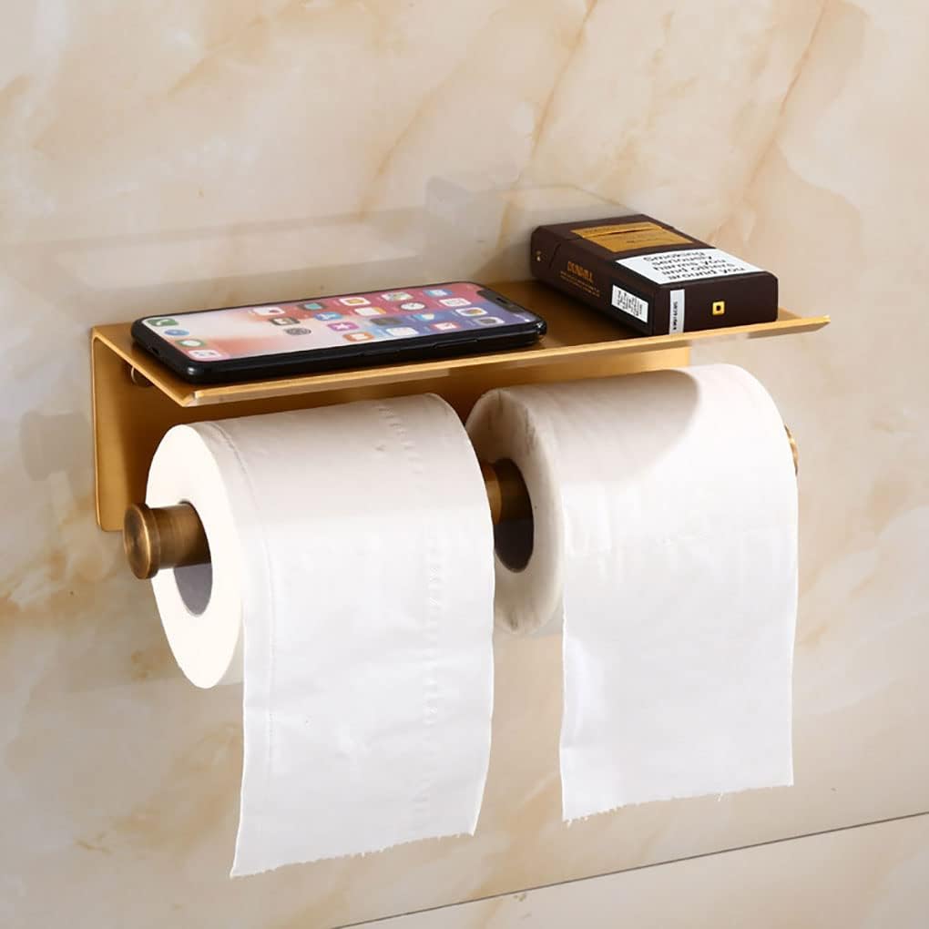 Estrend Dual Roll Toilet Paper Holder with Shelf Antique Brass Finish Double Head Tissue Holder for Bathroom, Wall Mounted