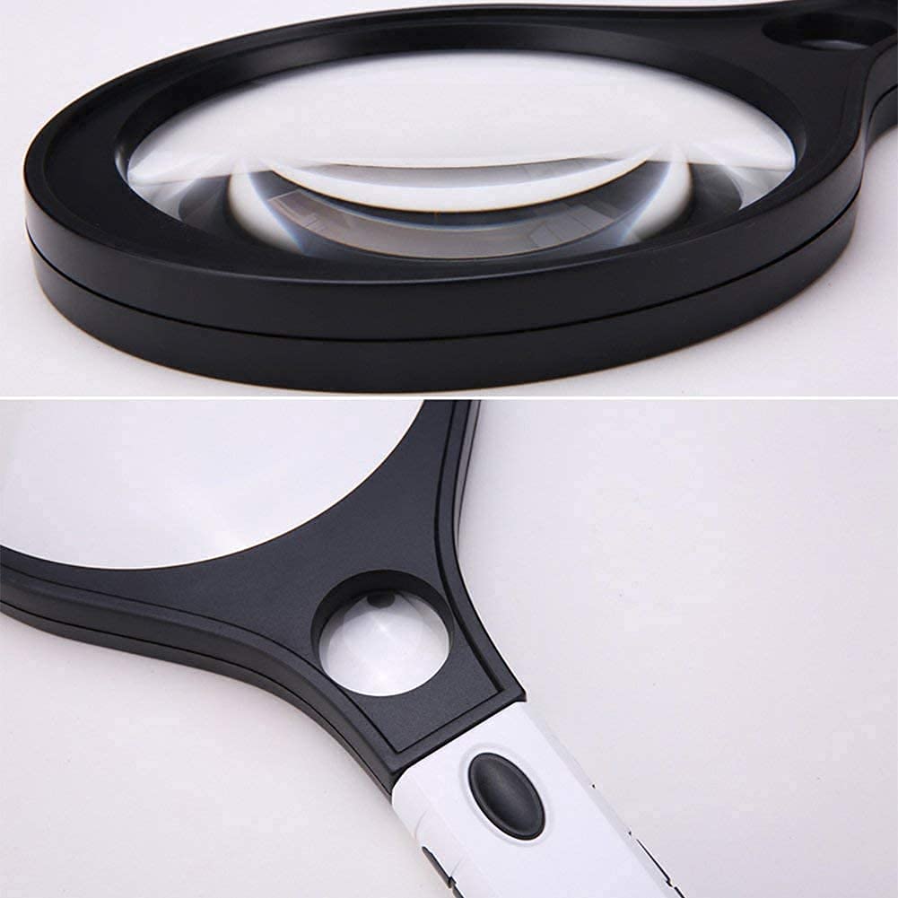 Lupa De Mano De 15 Cm con Luz Led Púrpura, Lupa Grande Negra De 2 Aumentos, Lupa De Lectura HD Portátil.