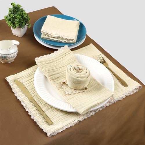 Image of FINGERCRAFT Cloth Napkins Set of 8, 20x20 Inch, Soft Cotton Muslin Dinner Napkins with Lace Edge, Reusable Washable Table Napkins for Wedding, Party, Dining & Home Decor (Beige)