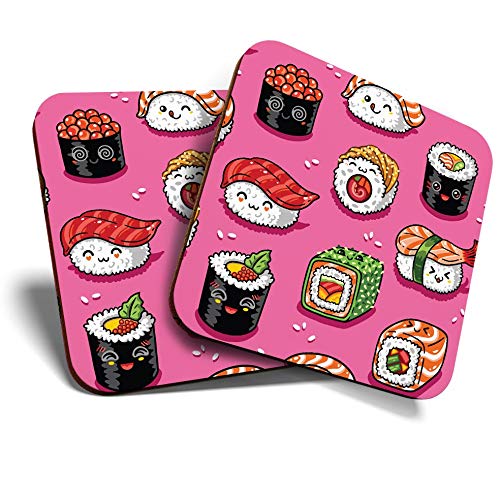 Destination Vinyl Ltd 2 x Square Coasters - Happy Kawaii Sushi Rolls Japanese Food Cork Backed Home Kitchen Accessory Tea Coffee Mug Mat #45289