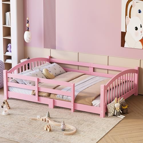 Image of Bellemave Full Size Kids Montessori Floor Bed,Full Size Floor Bed Frame with Slats and Safety Guardrail,Solid Wood Montessori Bed for Girls Boys,Pink