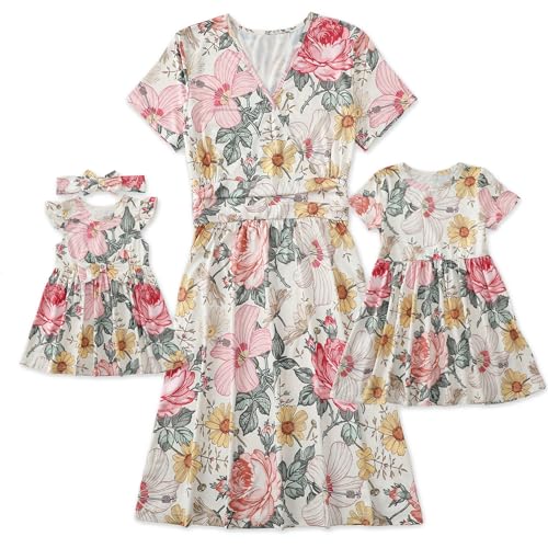 Mommy and Me Floral Dresses Mother Daughter Matching Short Sleeve Tshirt Midi Dress Crew Neck Outfits with Pockets