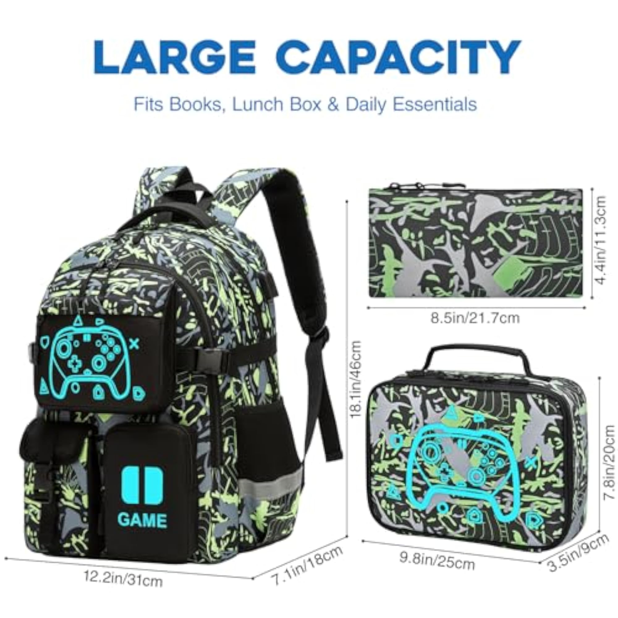 Boys' Game Backpack Set with Lunch Bag & Pencil Case