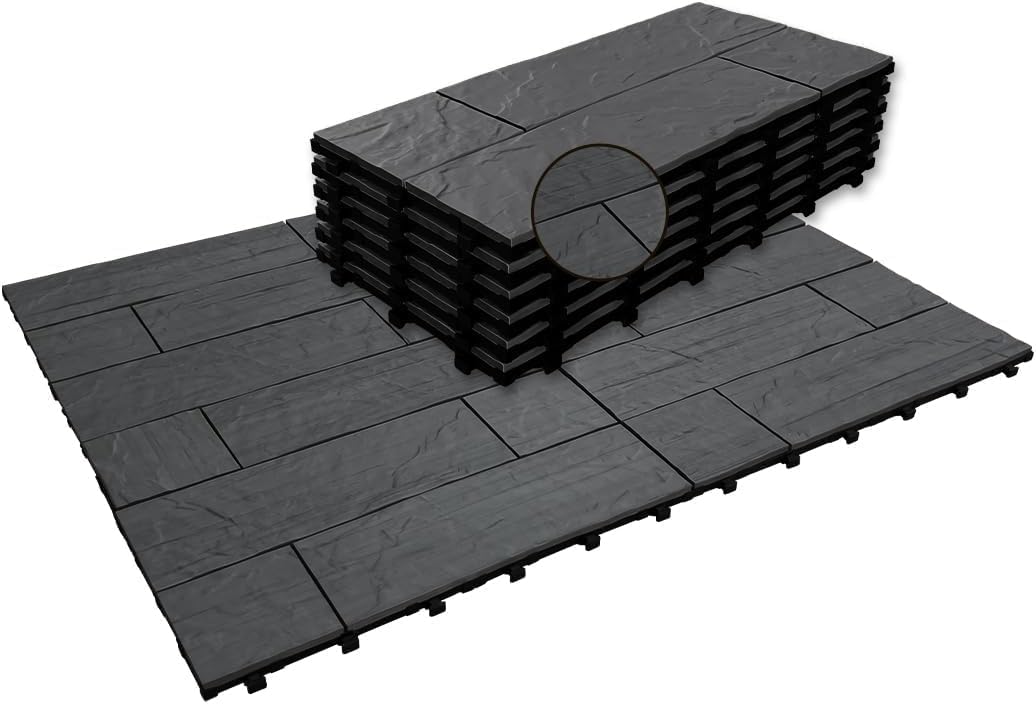 JJWOOD Stone-Look Interlocking Deck Tiles, 6 Pcs 12" x 24" WPC Patio Flooring, Matte Rock Texture Outdoor Floor Tiles for Balcony, Porch, Backyard, Indoor Outdoor, Black