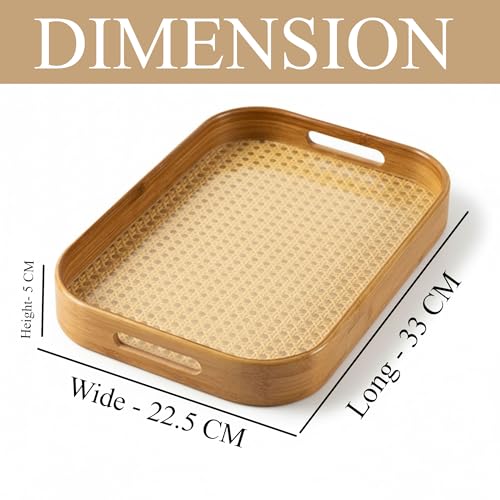 Image of Curated Cart Bamboo Serving Tray with Cut-Out Handles - Rattan Cane Woven Base - Eco-Friendly Rustic Tray for Coffee Table, Breakfast, Kitchen, Bathroom Decor - Lightweight, Durable - 33x22.5cm