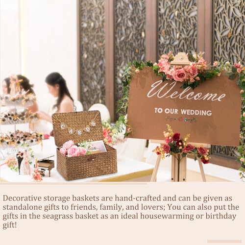 Image of Geelin Sea Grass Wedding Card Basket With Letter Flag Decorative Wedding Card Woven Post Box Suitable For Baby Showers Birthdays Graduation Ceremonies Bridal Showers(11 Inch,Coffee)