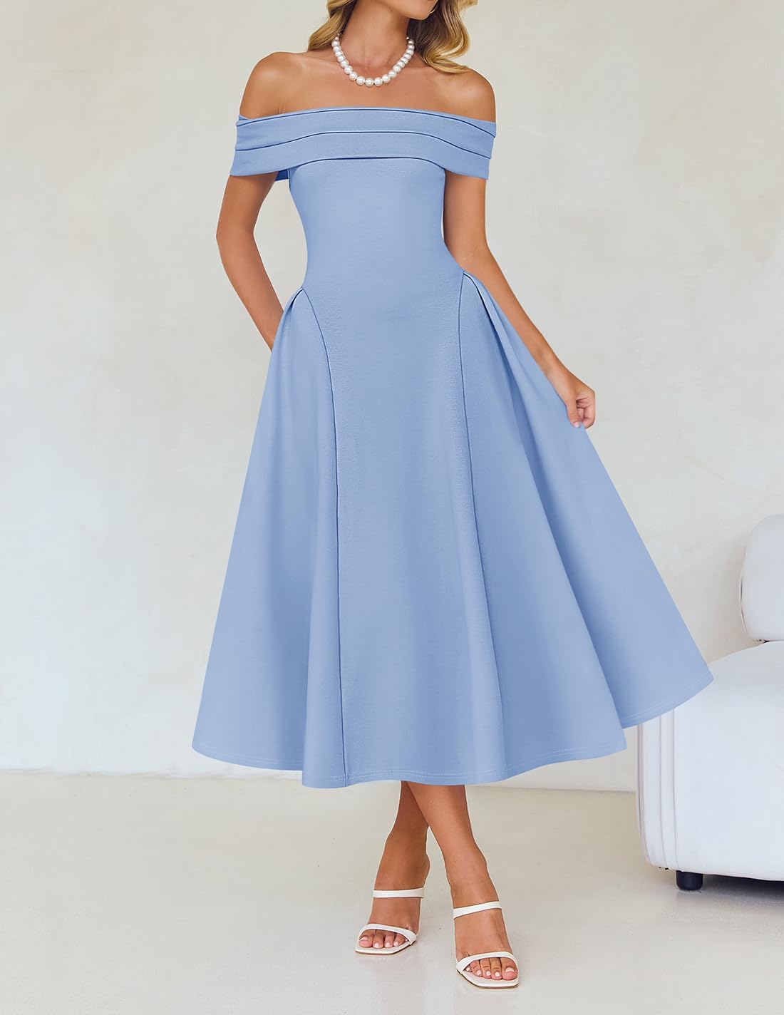 ZESICA Summer 2026 Cocktail Dresses for Women's Off Shoulder Short Sleeve Swing A Line Wedding Evening Party Midi Dress