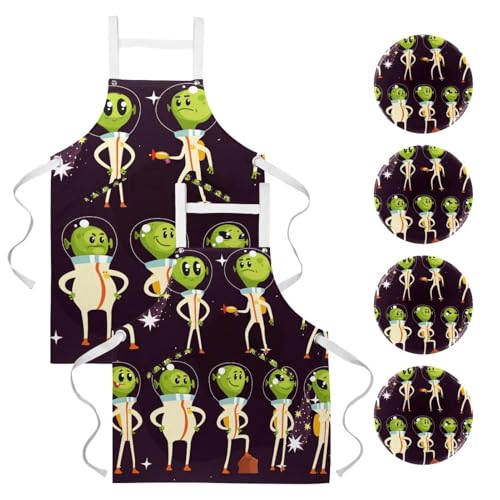 Lot de 2 tabliers de cuisine avec 4 broches motif extraterrestres de l'espace