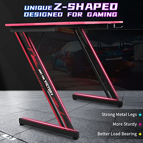 Xxkseh 39 Inch Gaming Computer Desk Pc Gaming Desk Z Shaped Gaming Table With Headphone Hook, Easy To Assemble Home Office Desk For Teen/Student Gamer, Carbon Fiber Gaming Workstation, Black & Red… #TOP3