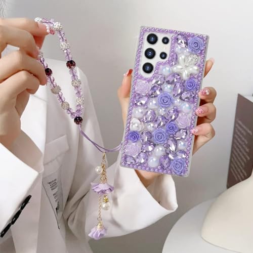 Image of Changjia for Samsung Galaxy S24 Ultra Glitter Bling Case,Cute Luxury 3D Sparkle Crystal Rhinestone Flower Diamond Pearl with Lanyard Wrist Strap Women Girls Case for Galaxy S24 Ultra 6.8 Inch (Purple)